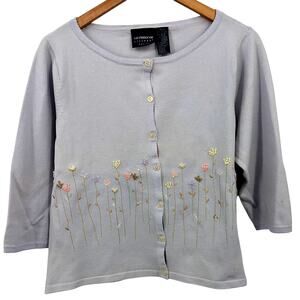 Y2K Liz Claiborne Lizsport Petite Lavender Embroidered Cardigan Sweater L Muted